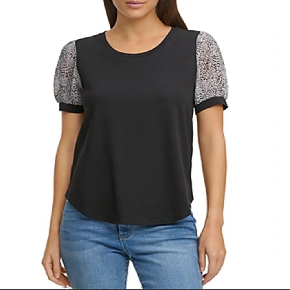 DKNY Puff Sleeve Black Leopard Animal Mixed Media Blouse Top Shirt Medium M
